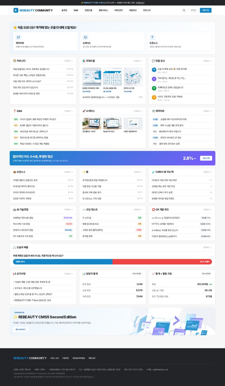 화이트 배경 커뮤니티 플랫폼 대시보드 홈페이지 템플릿 — 6개 위젯 격자 레이아웃